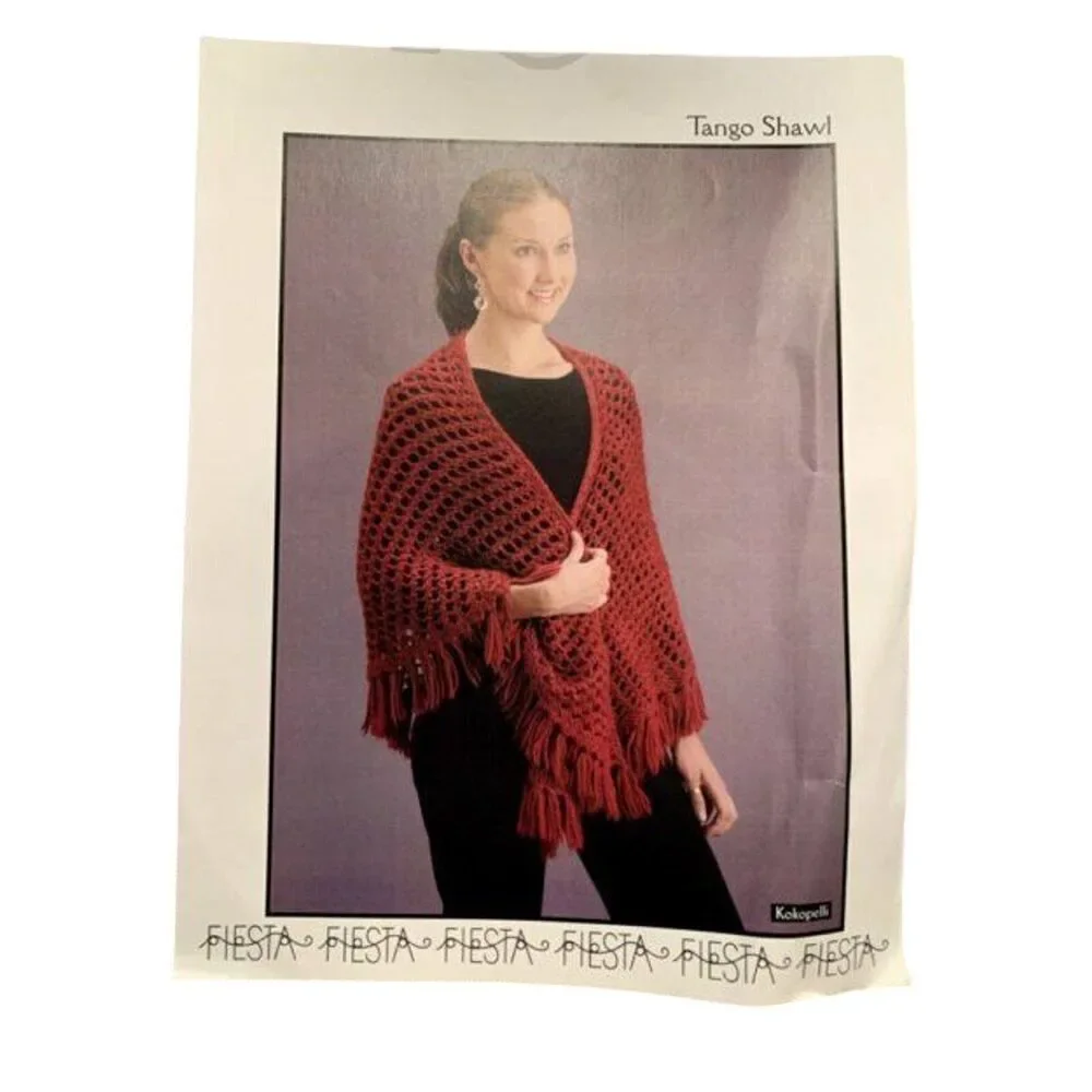 New 2006 Fiesta Yarns Kokopelli Tango Lacy Fringed Shawl Wrap Knitting Pattern
